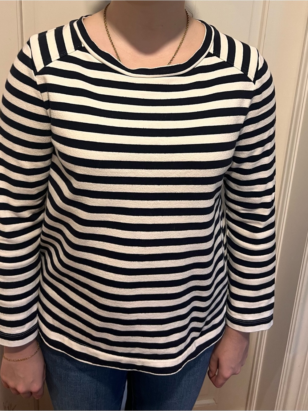 Banana Republic Navy and White Striped Long-Sleeve Crewneck